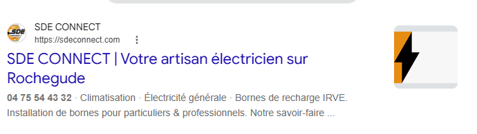 Résultat Google montrant SDE Connect pour la recherche électricien Rochegude